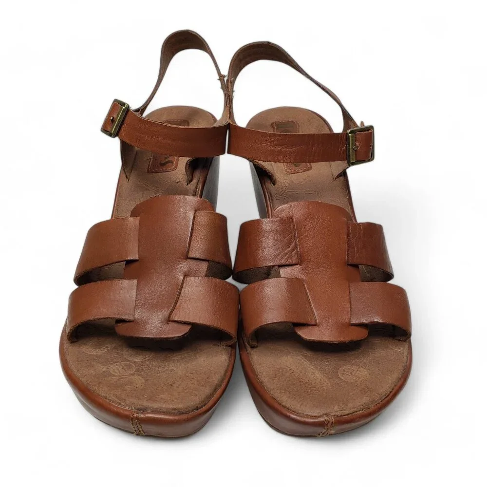 Korks by Kork Ease Platform Wedge Women's Della Brown Leather Strappy Buckled 10